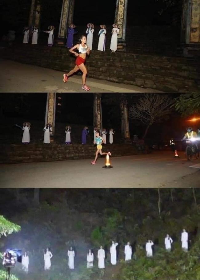 Các nữ sinh mặc áo dài trắng cổ vũ chạy Marathon Huế vào rạng sáng nay khiến các vận động viên yếu tim đái không ra 1 giọt )
